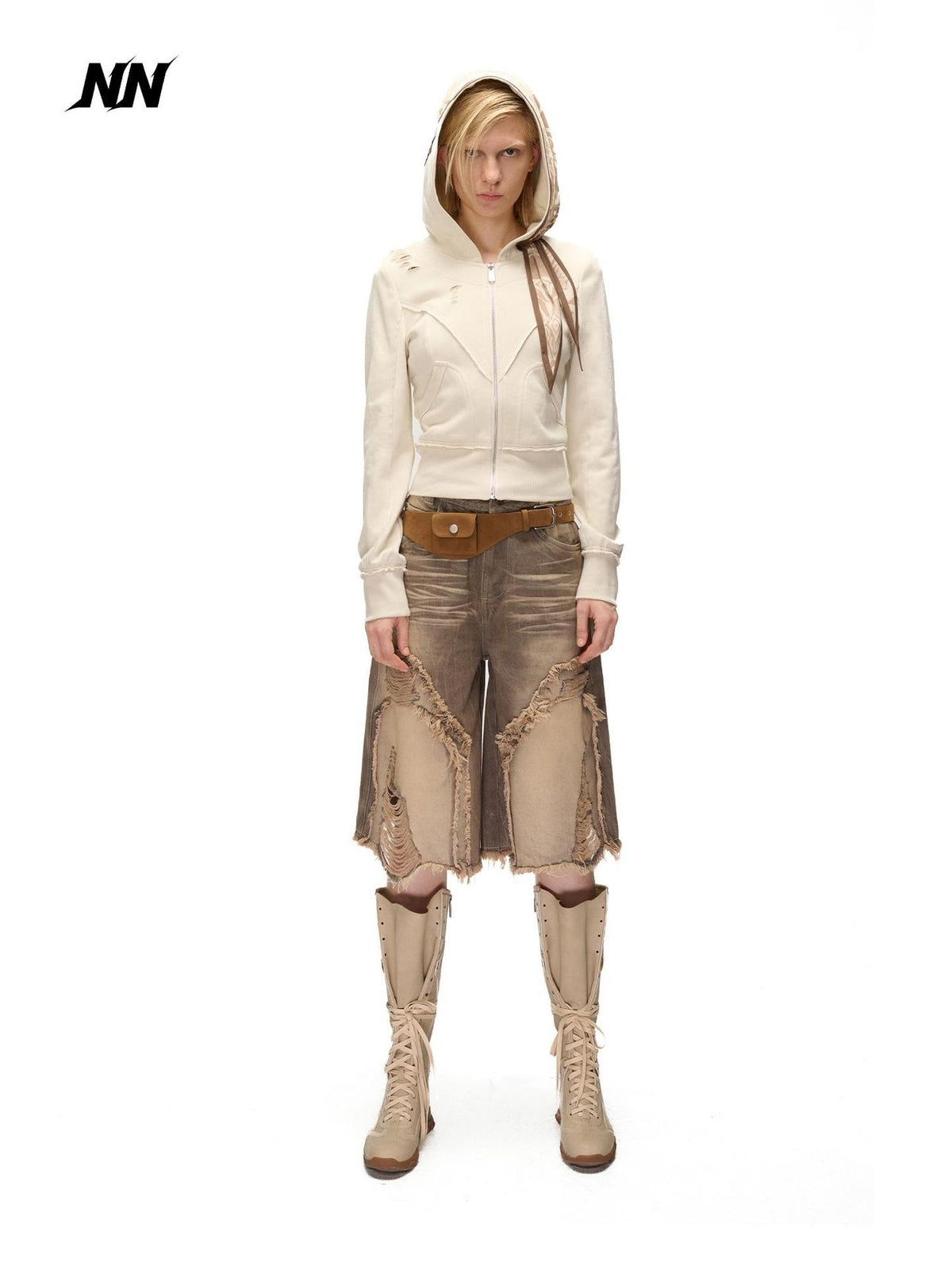 NORTH NODE Distressed Scarf Layered Hooded Slim Fit Cotton Women&