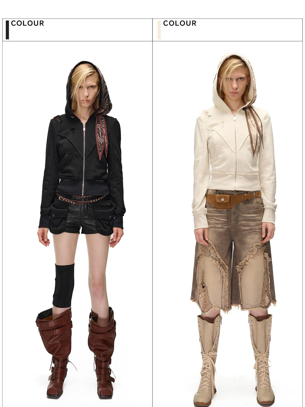 NORTH NODE Distressed Scarf Layered Hooded Slim Fit Cotton Women&