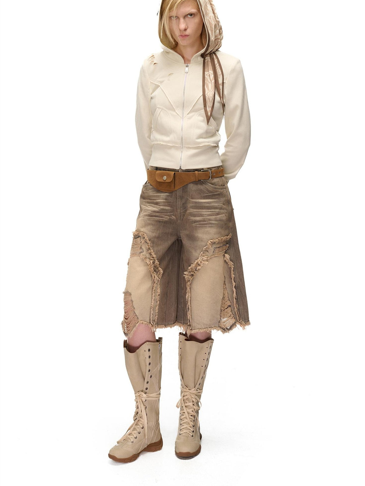 NORTH NODE Distressed Scarf Layered Hooded Slim Fit Cotton Women&