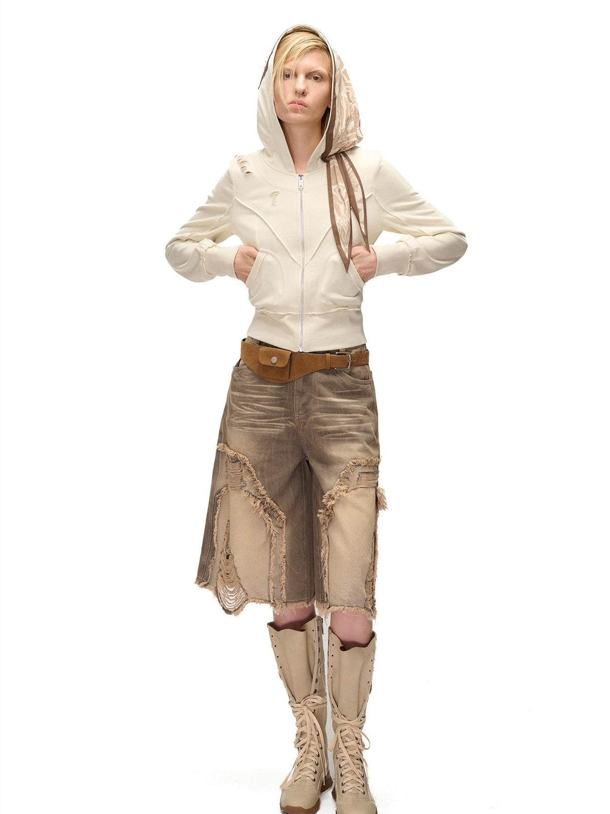 NORTH NODE Distressed Scarf Layered Hooded Slim Fit Cotton Women&