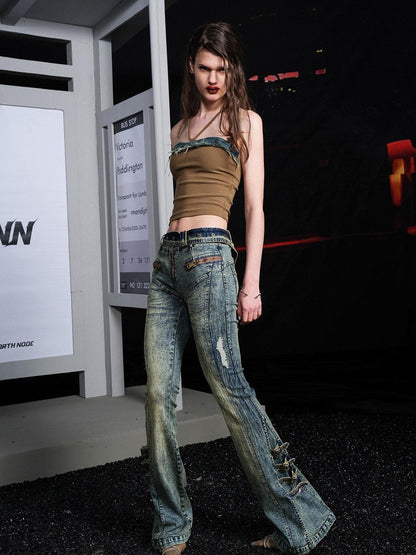 NORTH NODE Distressed Slim Fit Natural Waist Slight Stretch Women&