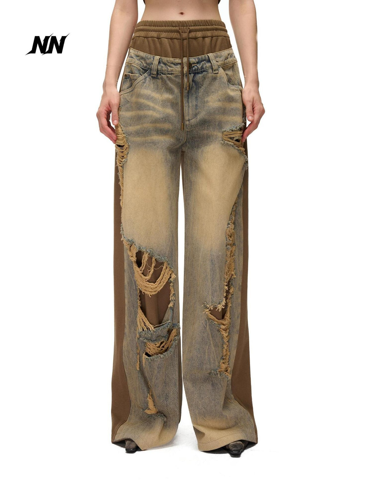 NORTH NODE Distressed Spliced Double Waist Punk Women&