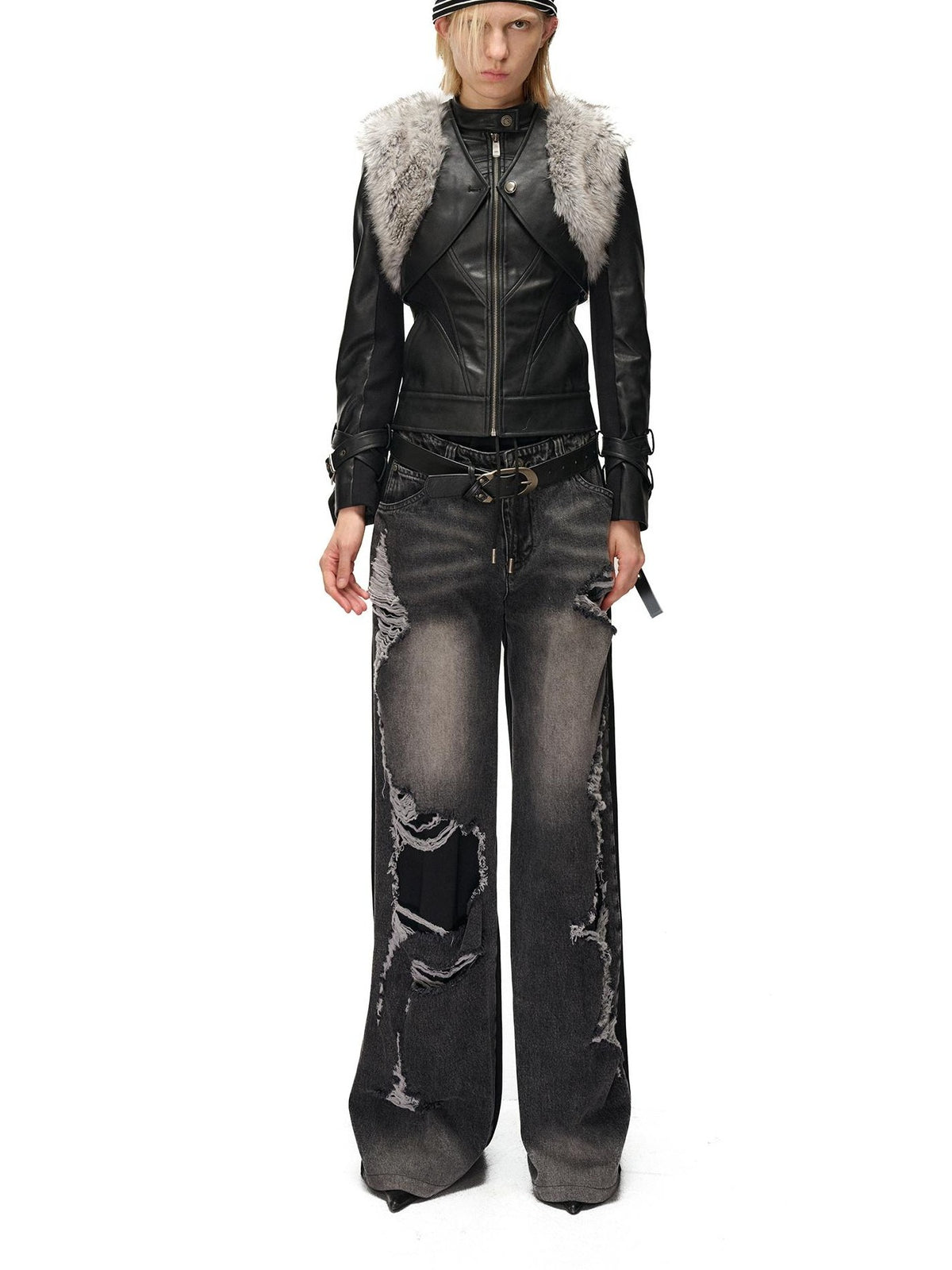 NORTH NODE Distressed Spliced Double Waist Punk Women&