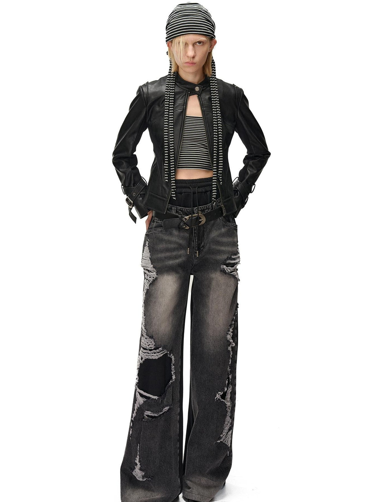 NORTH NODE Distressed Spliced Double Waist Punk Women&