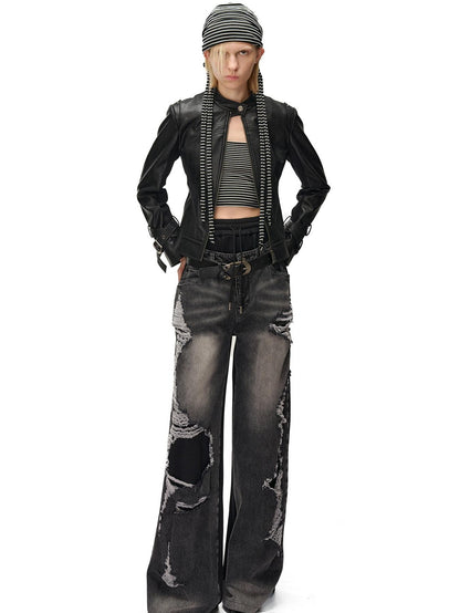 NORTH NODE Distressed Spliced Double Waist Punk Women&