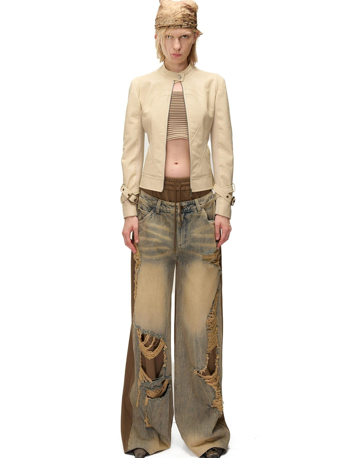 NORTH NODE Distressed Spliced Double Waist Punk Women&