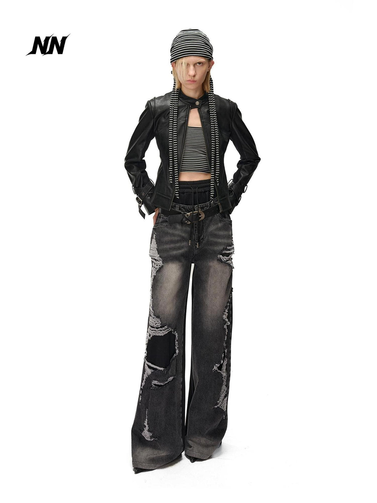 NORTH NODE Distressed Spliced Double Waist Punk Women&