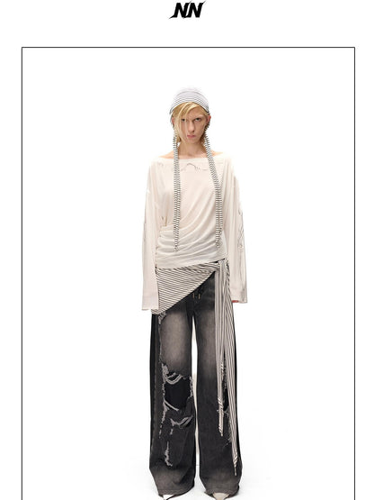 NORTH NODE Distressed Spliced Double Waist Punk Women&