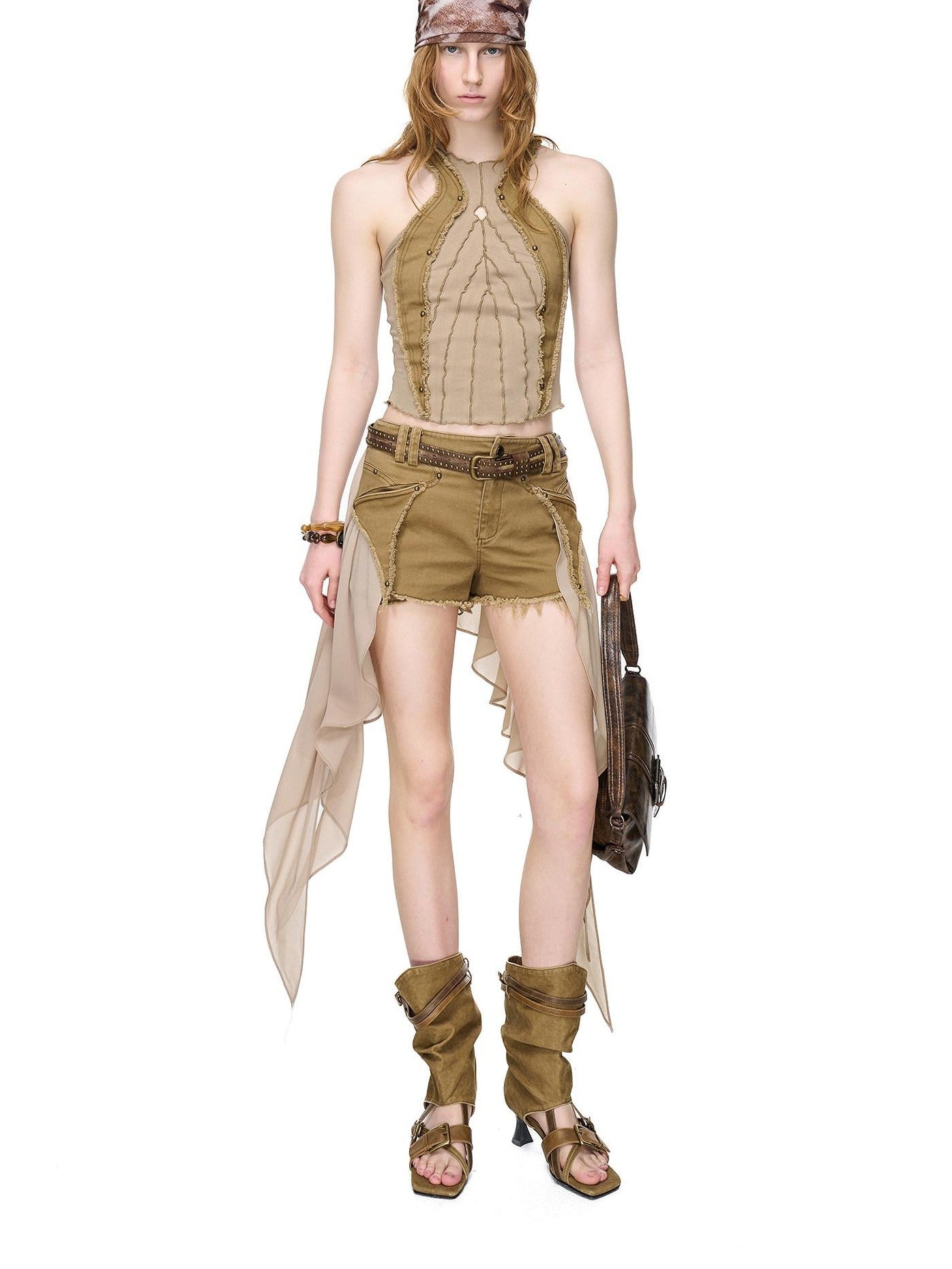 NORTH NODE Distressed Washed Frayed Patchwork Studded Slim Fit Women&