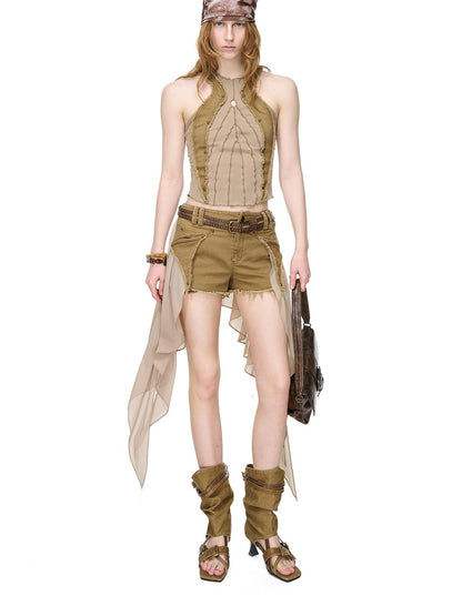 NORTH NODE Distressed Washed Frayed Patchwork Studded Slim Fit Women&