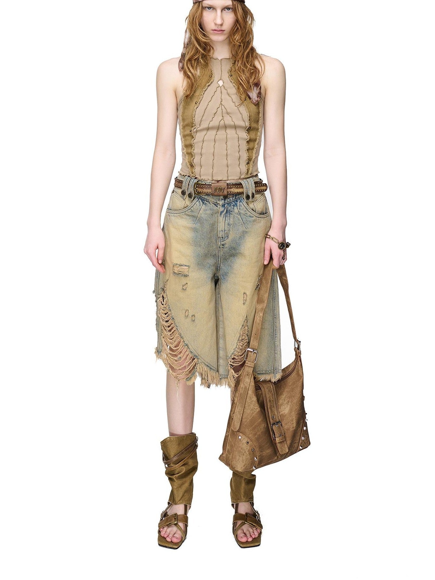 NORTH NODE Distressed Washed Frayed Patchwork Studded Slim Fit Women&