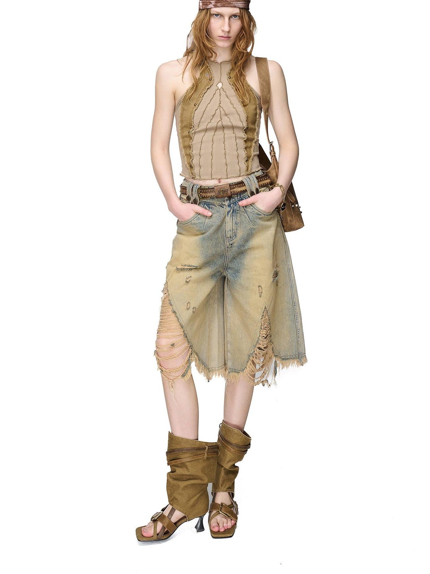 NORTH NODE Distressed Washed Frayed Patchwork Studded Slim Fit Women&