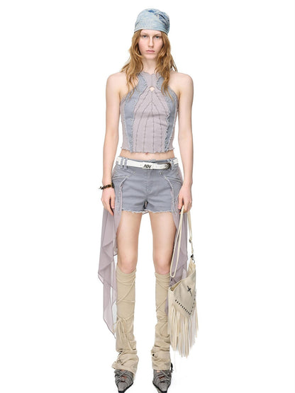 NORTH NODE Distressed Washed Frayed Patchwork Studded Slim Fit Women&