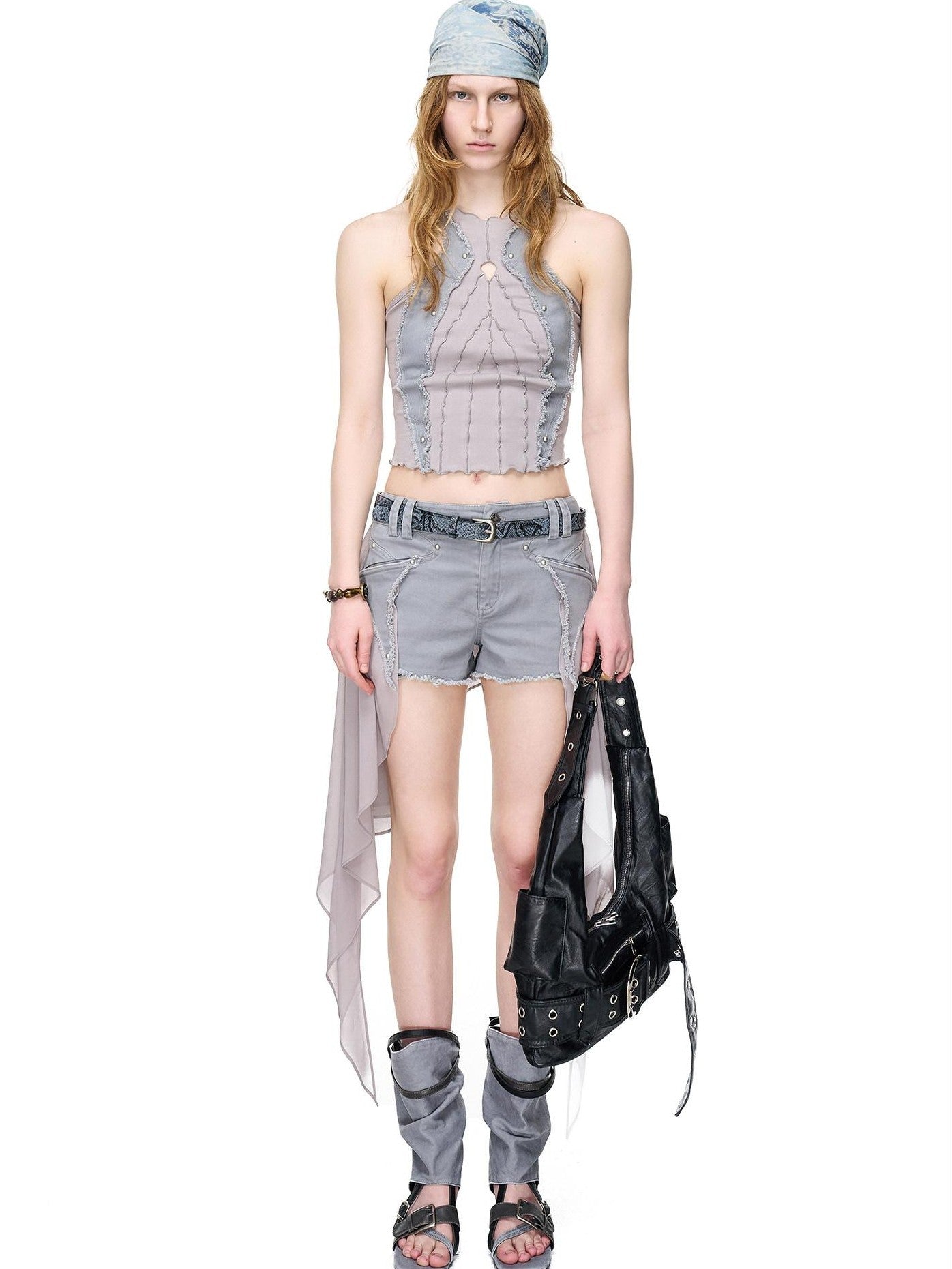 NORTH NODE Distressed Washed Frayed Patchwork Studded Slim Fit Women&