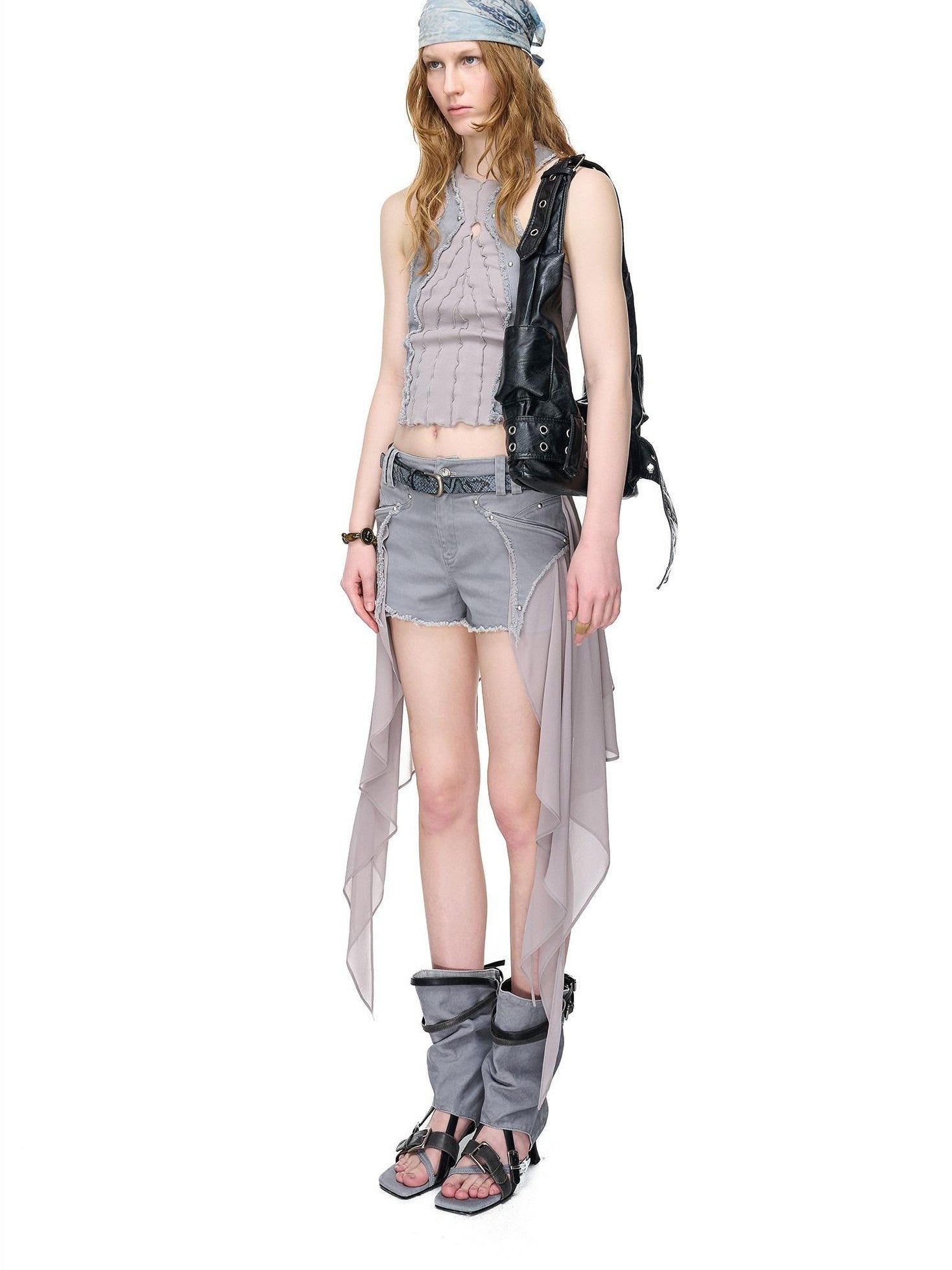 NORTH NODE Distressed Washed Frayed Patchwork Studded Slim Fit Women&