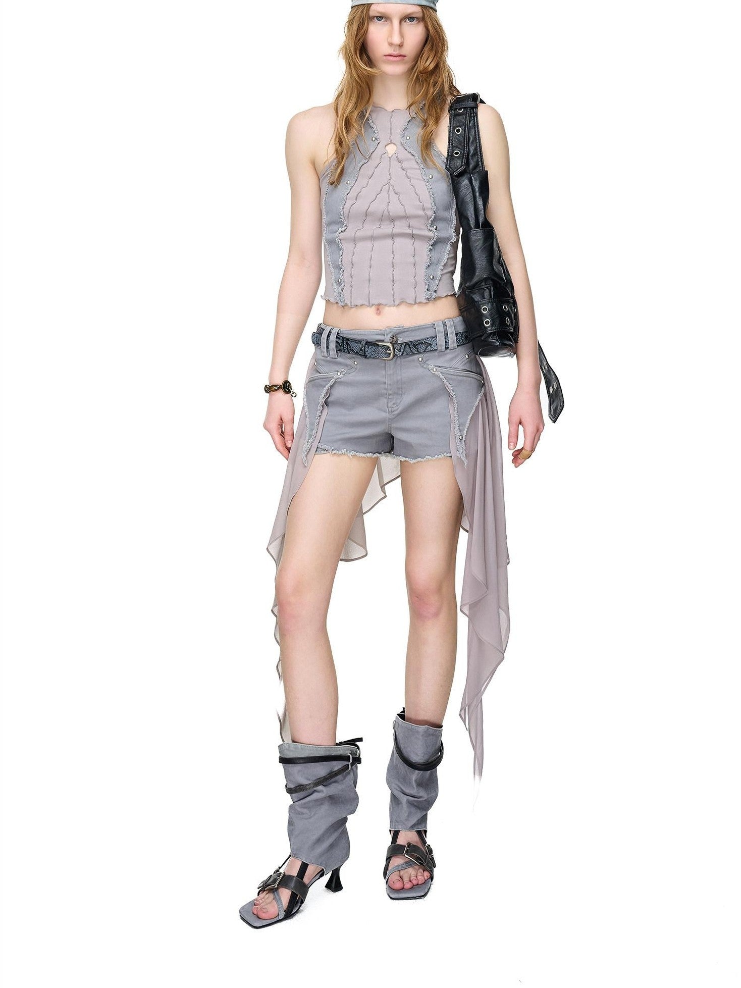 NORTH NODE Distressed Washed Frayed Patchwork Studded Slim Fit Women&
