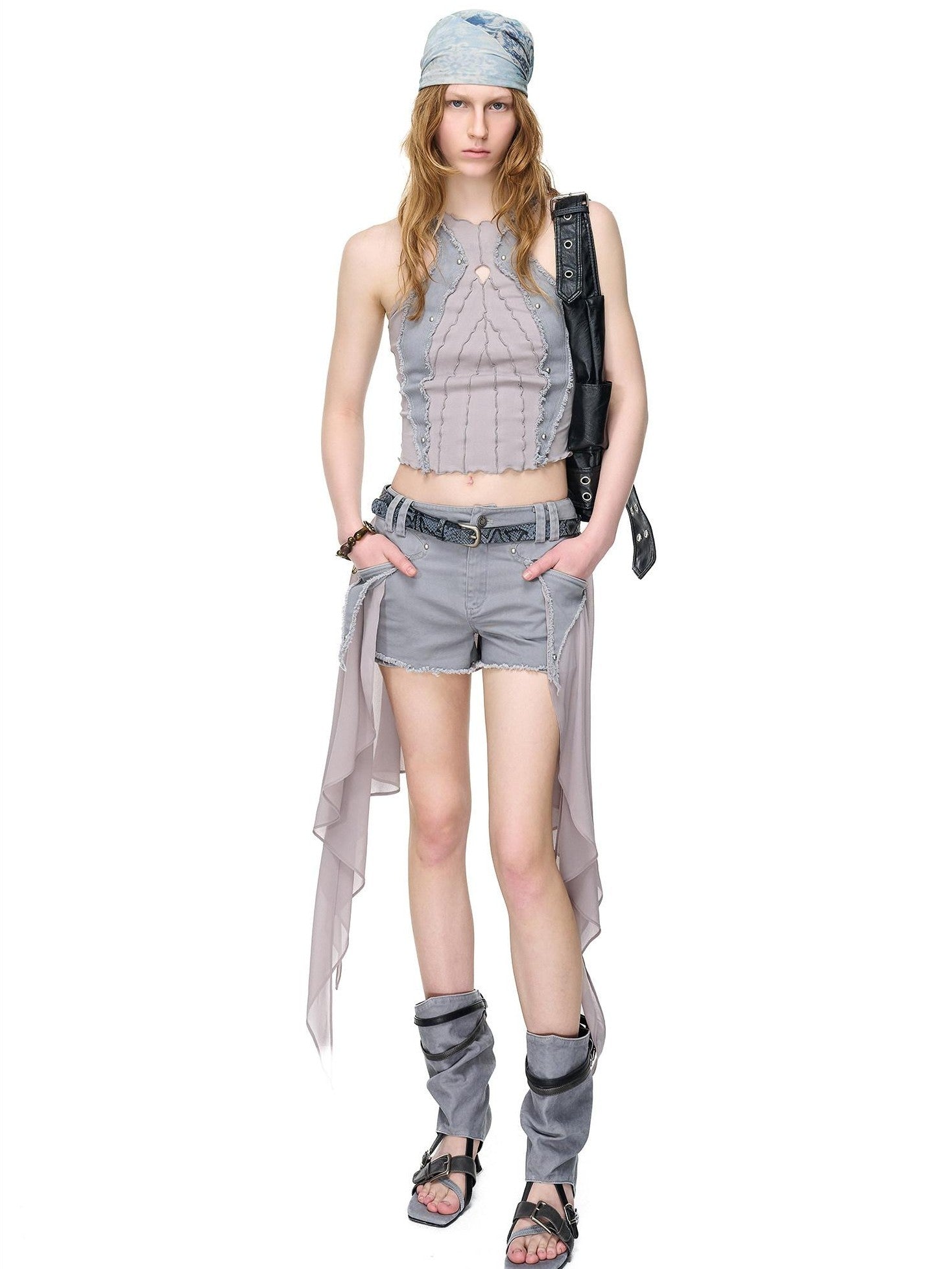NORTH NODE Distressed Washed Frayed Patchwork Studded Slim Fit Women&