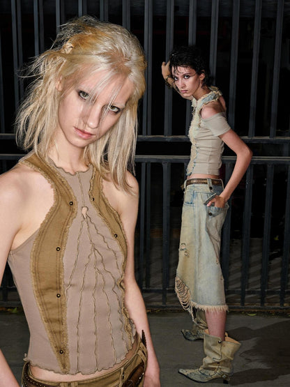 NORTH NODE Distressed Washed Frayed Patchwork Studded Slim Fit Women&