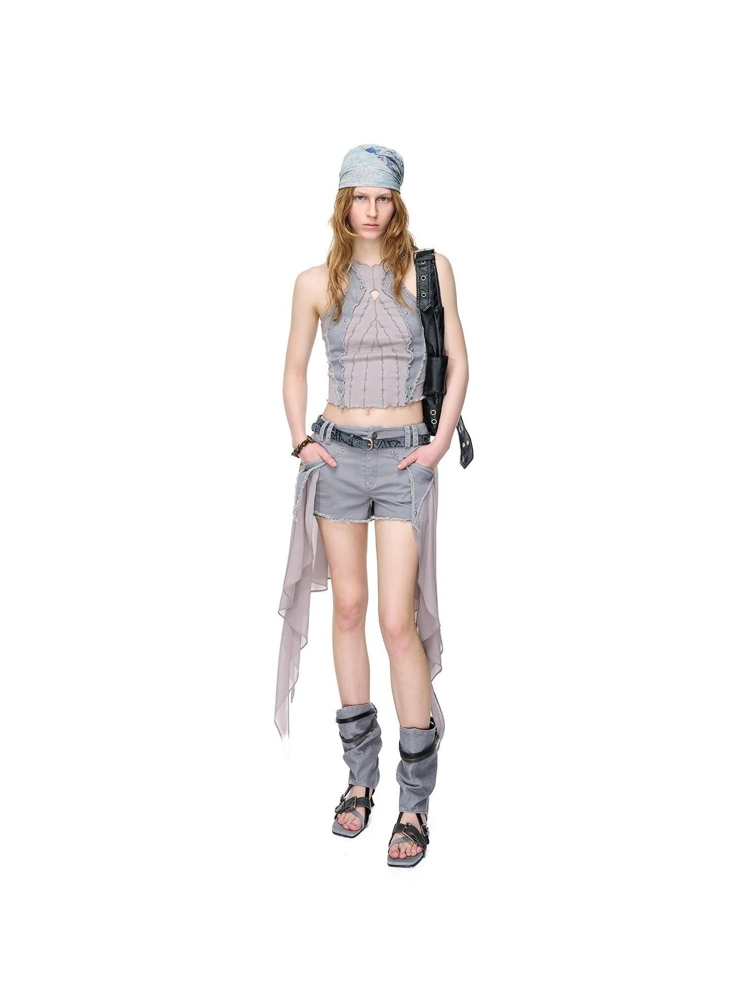 NORTH NODE Distressed Washed Frayed Patchwork Studded Slim Fit Women&