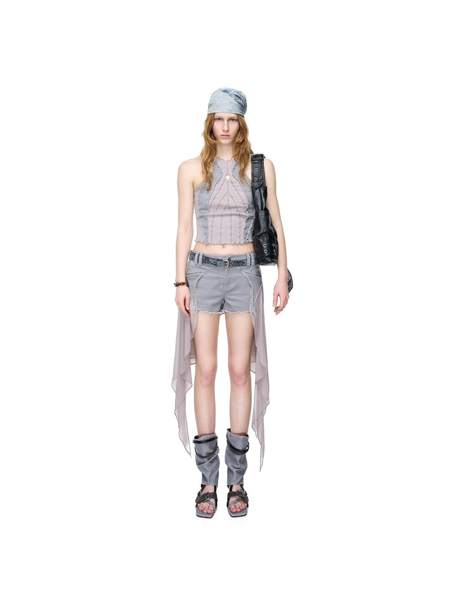 NORTH NODE Distressed Washed Frayed Patchwork Studded Slim Fit Women&