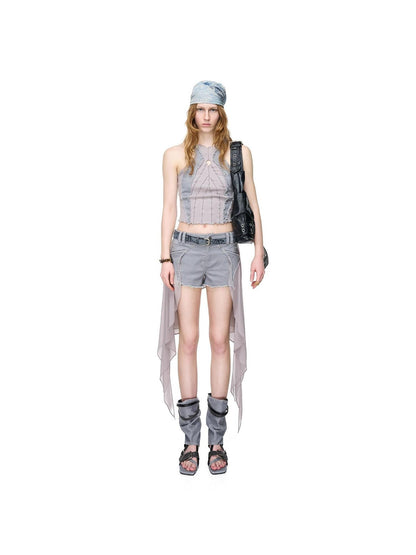 NORTH NODE Distressed Washed Frayed Patchwork Studded Slim Fit Women&