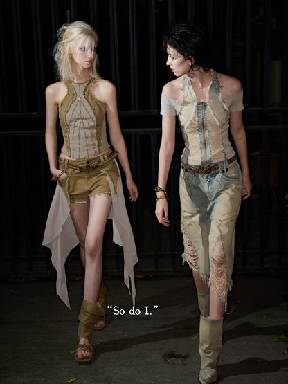 NORTH NODE Distressed Washed Frayed Patchwork Studded Slim Fit Women&