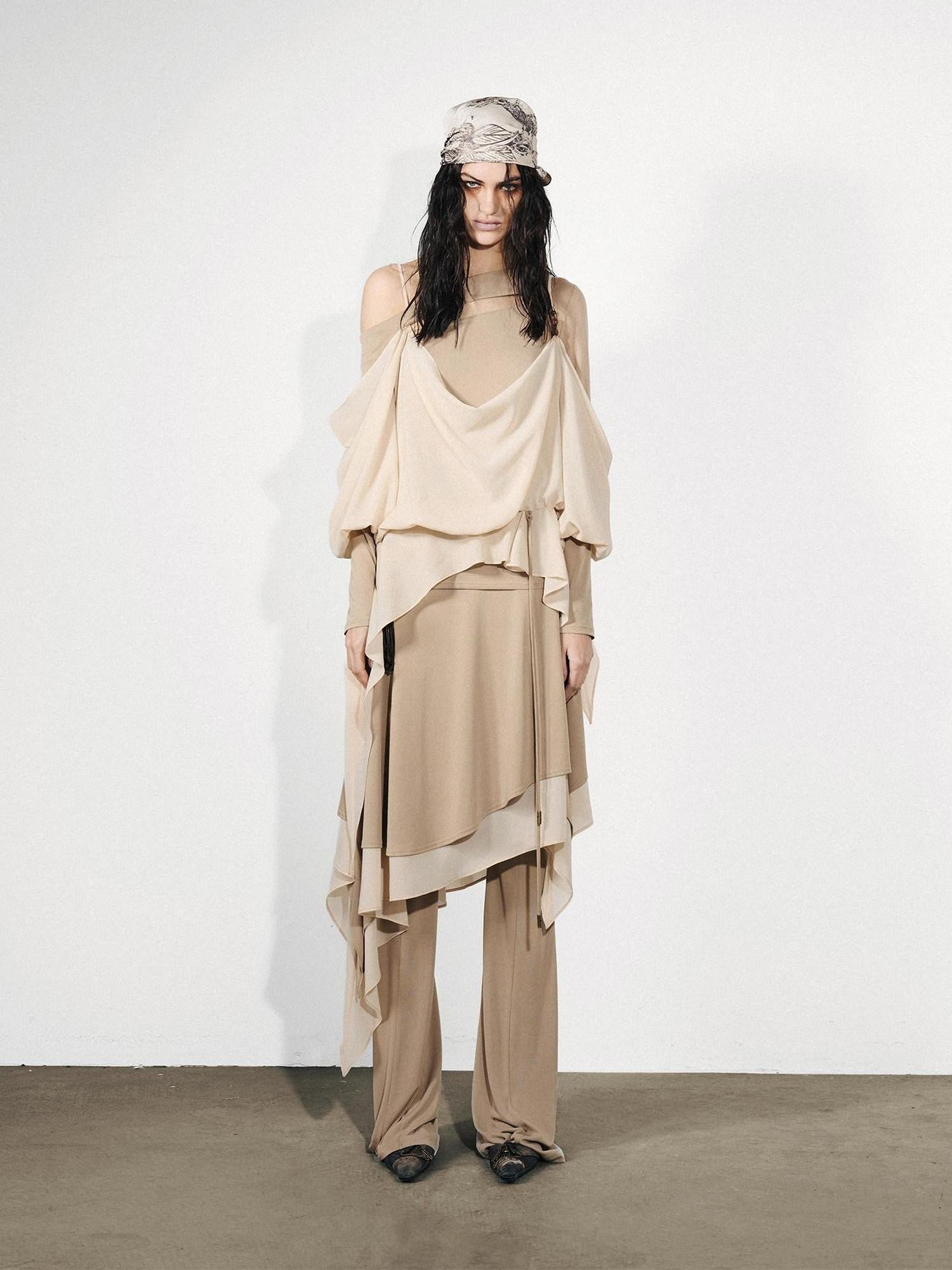 NORTH NODE Draped Asymmetric Faux Two Piece Ruffle Women&