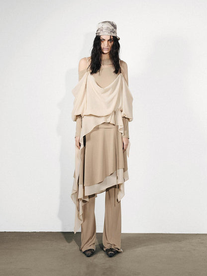 NORTH NODE Draped Asymmetric Faux Two Piece Ruffle Women&