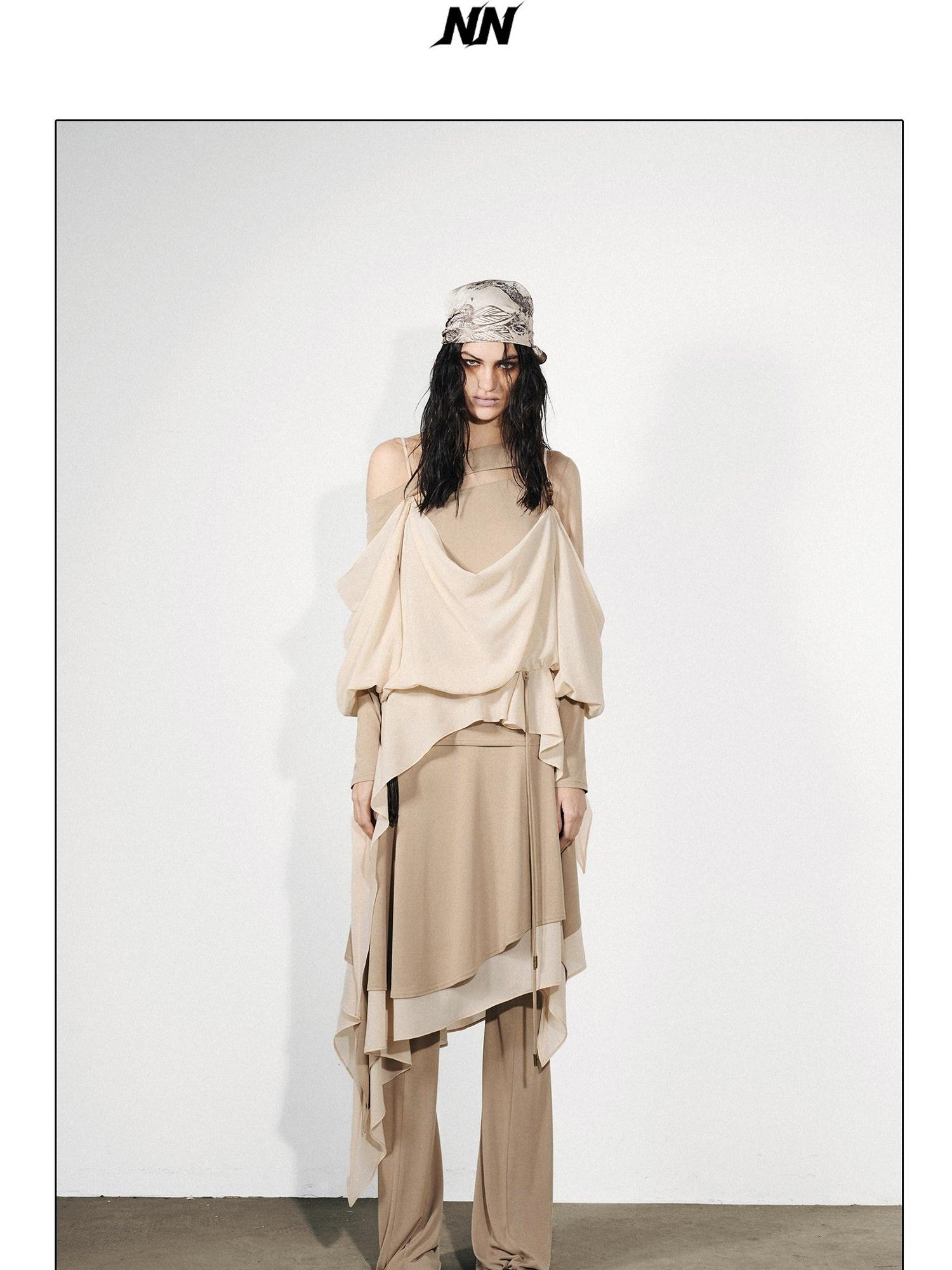NORTH NODE Draped Asymmetric Faux Two Piece Ruffle Women&