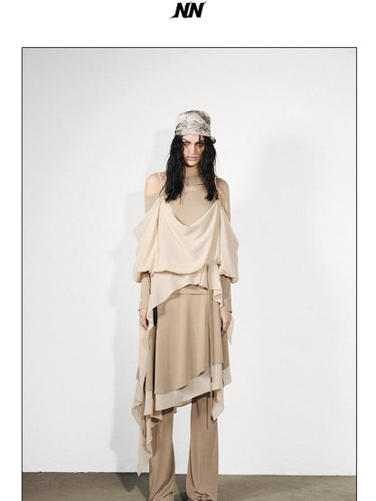 NORTH NODE Draped Asymmetric Faux Two Piece Ruffle Women&