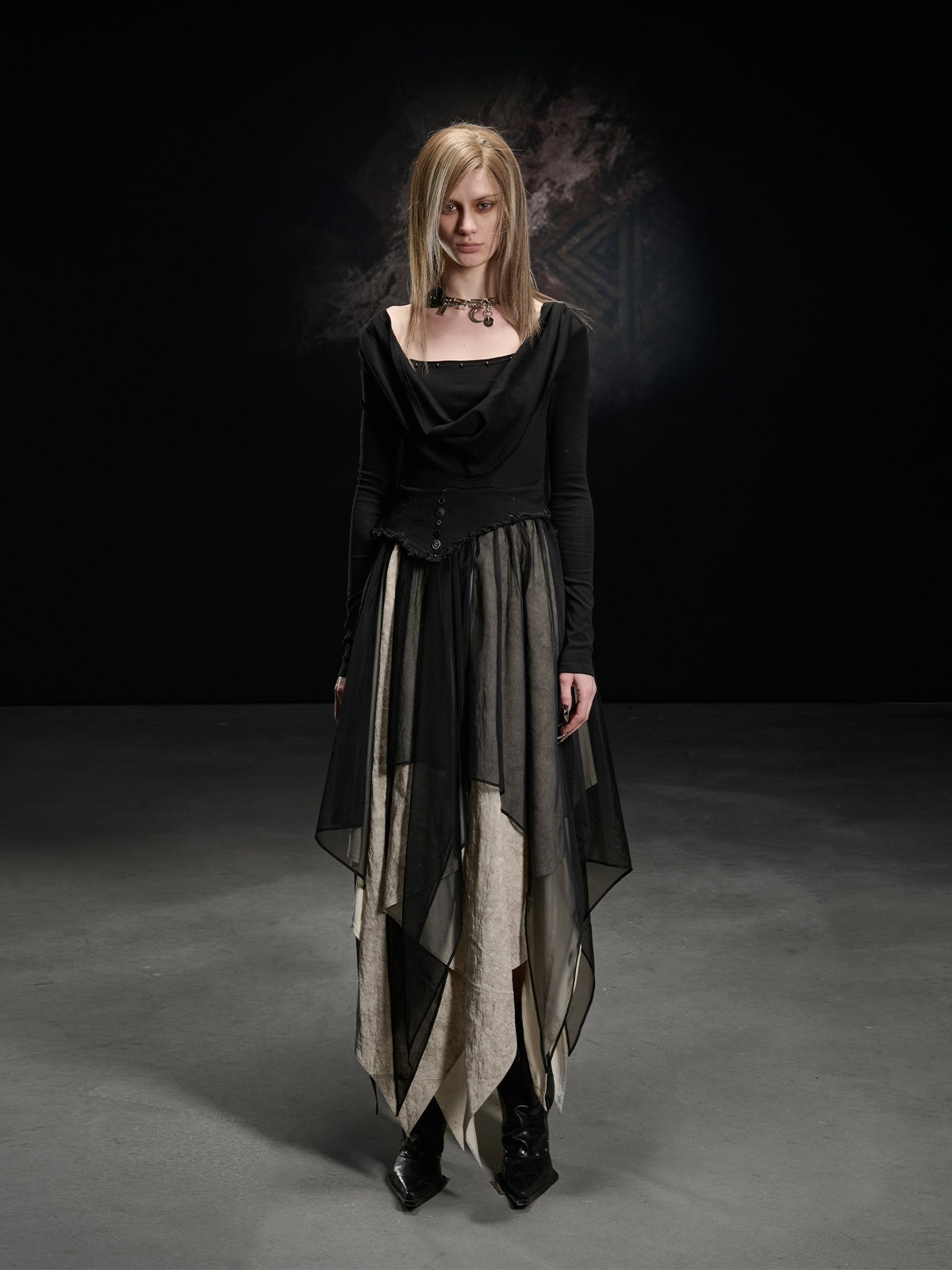 NORTH_NODE_Draped_Neckline_Mesh_Panel_Irregular_Hem_Women&
