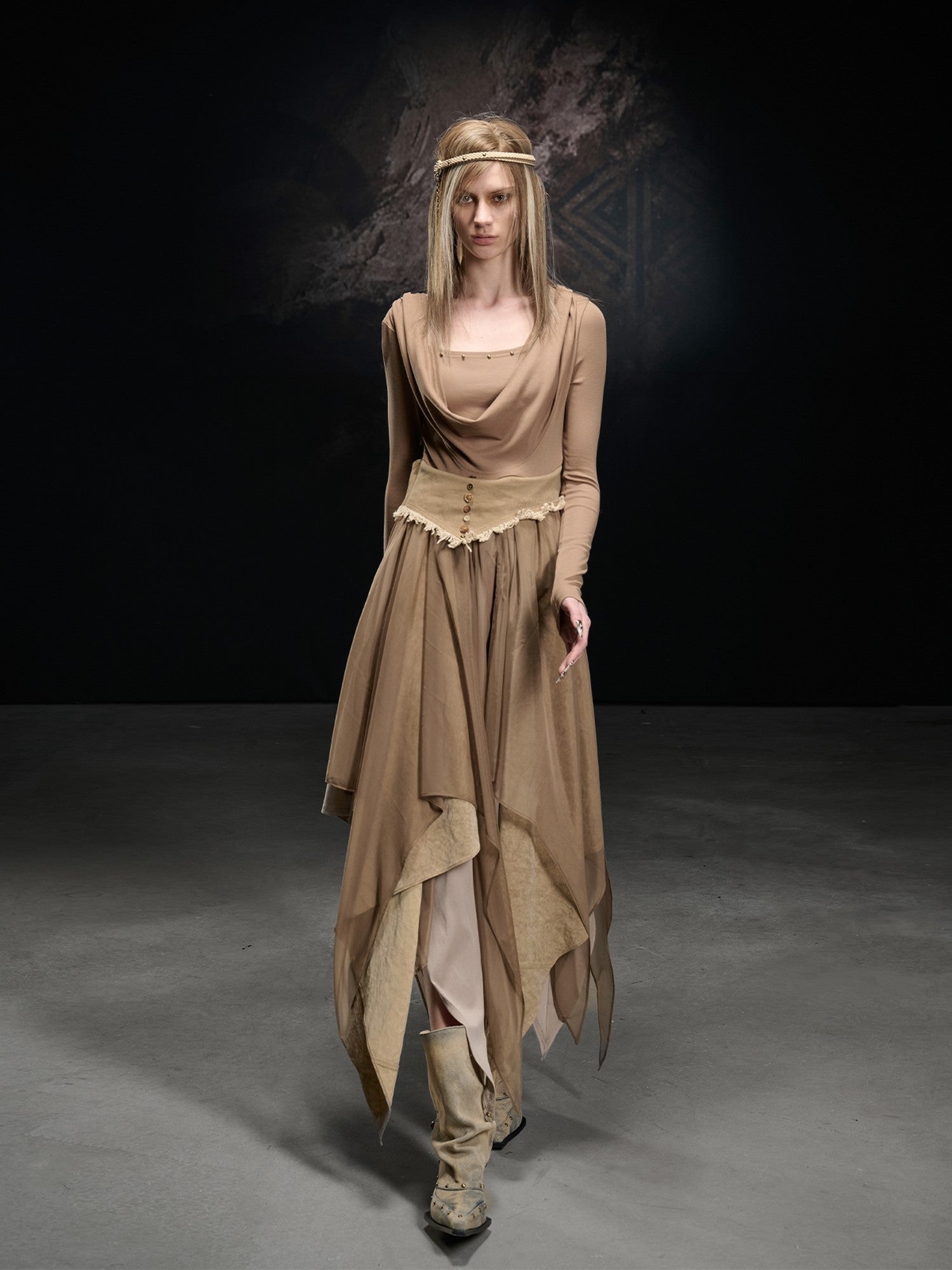 NORTH NODE Draped Neckline Mesh Panel Irregular Hem Women&