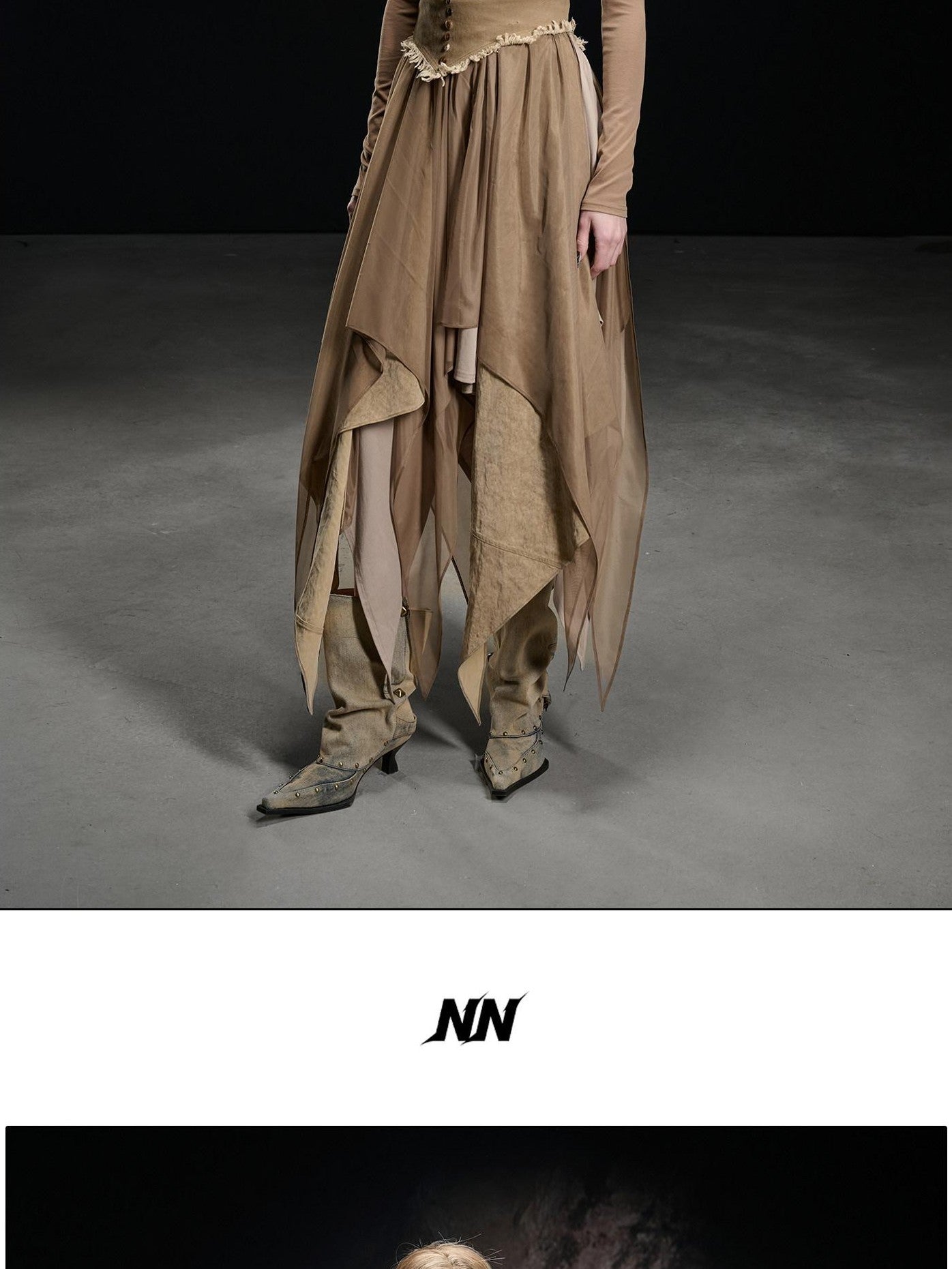 NORTH NODE Draped Neckline Mesh Panel Irregular Hem Women&