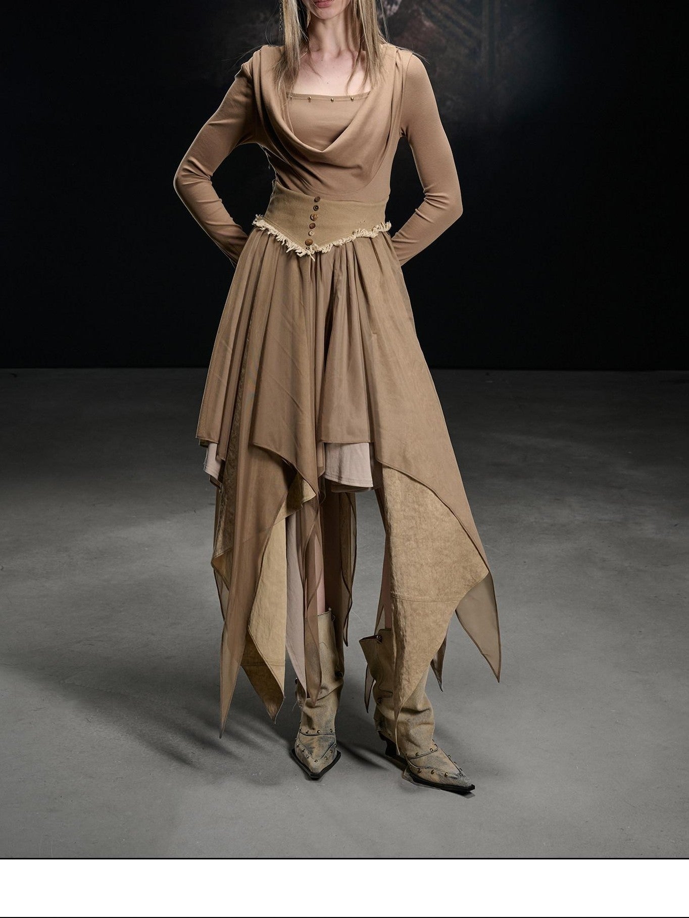 NORTH NODE Draped Neckline Mesh Panel Irregular Hem Women&