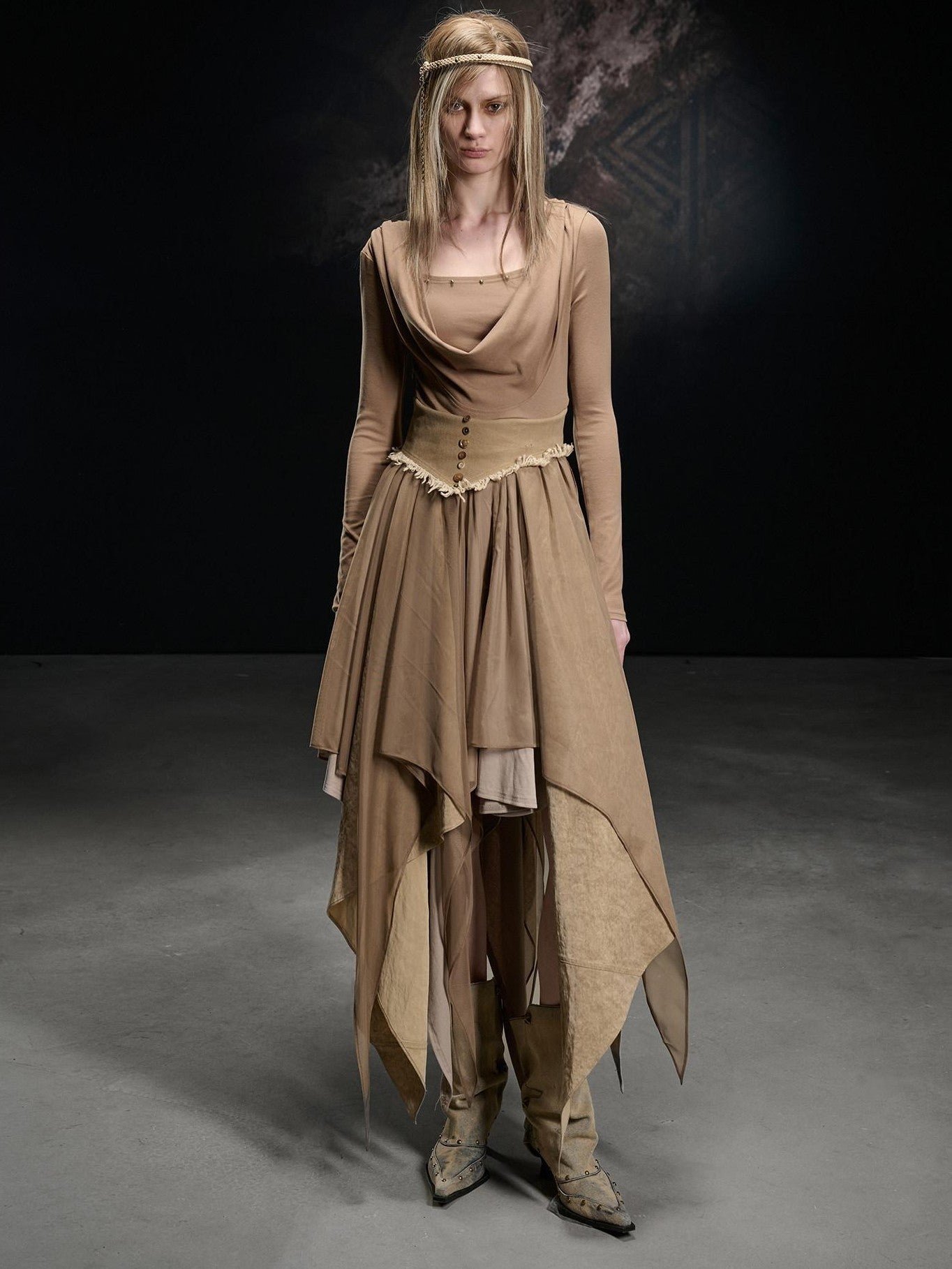NORTH NODE Draped Neckline Mesh Panel Irregular Hem Women&
