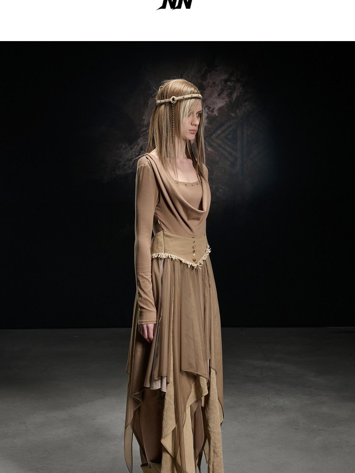 NORTH NODE Draped Neckline Mesh Panel Irregular Hem Women&