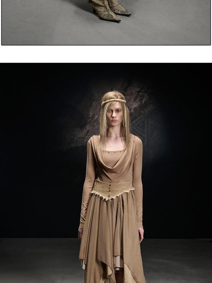 NORTH NODE Draped Neckline Mesh Panel Irregular Hem Women&
