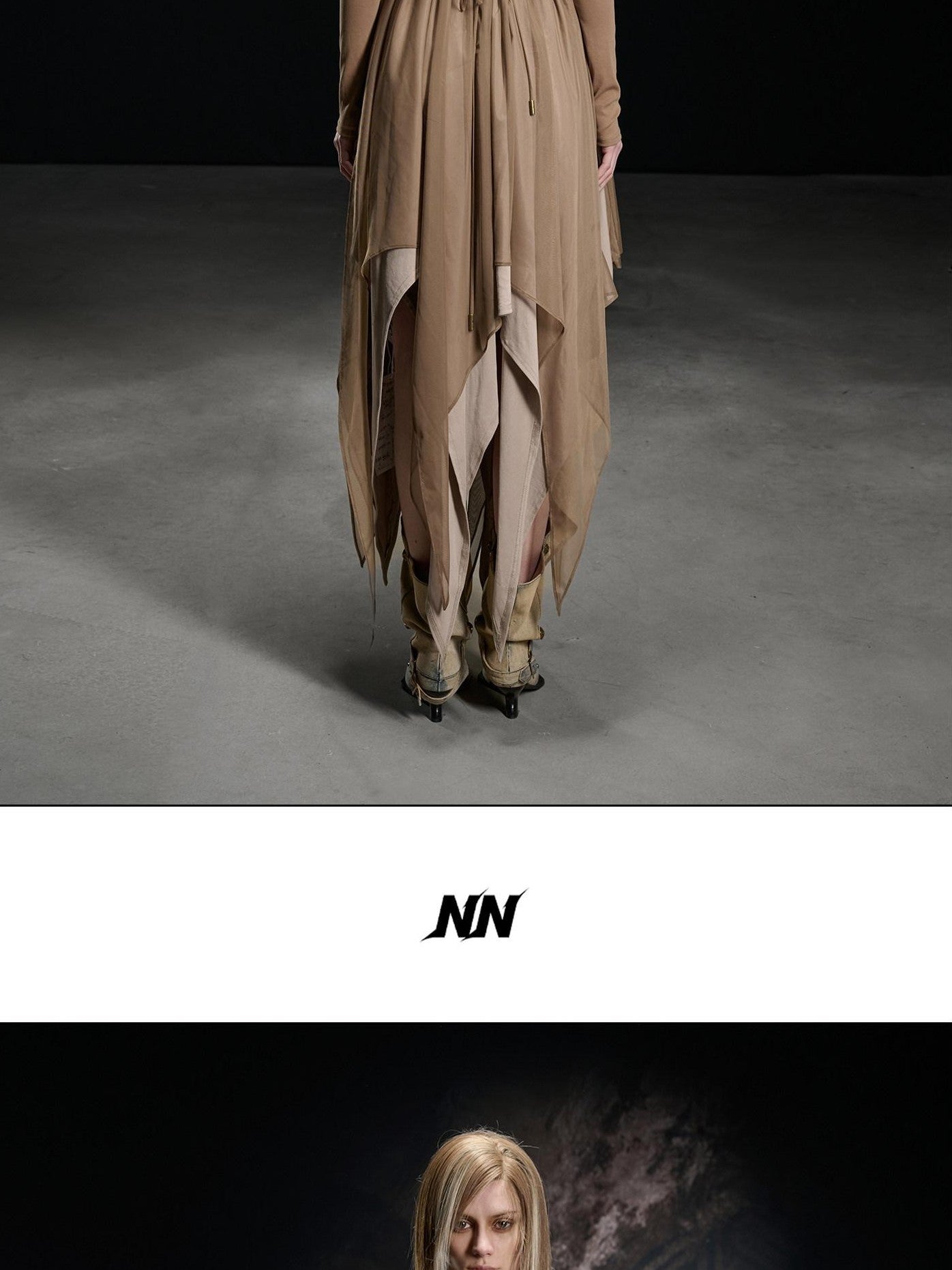 NORTH NODE Draped Neckline Mesh Panel Irregular Hem Women&