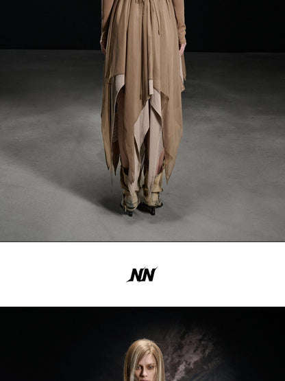 NORTH NODE Draped Neckline Mesh Panel Irregular Hem Women&