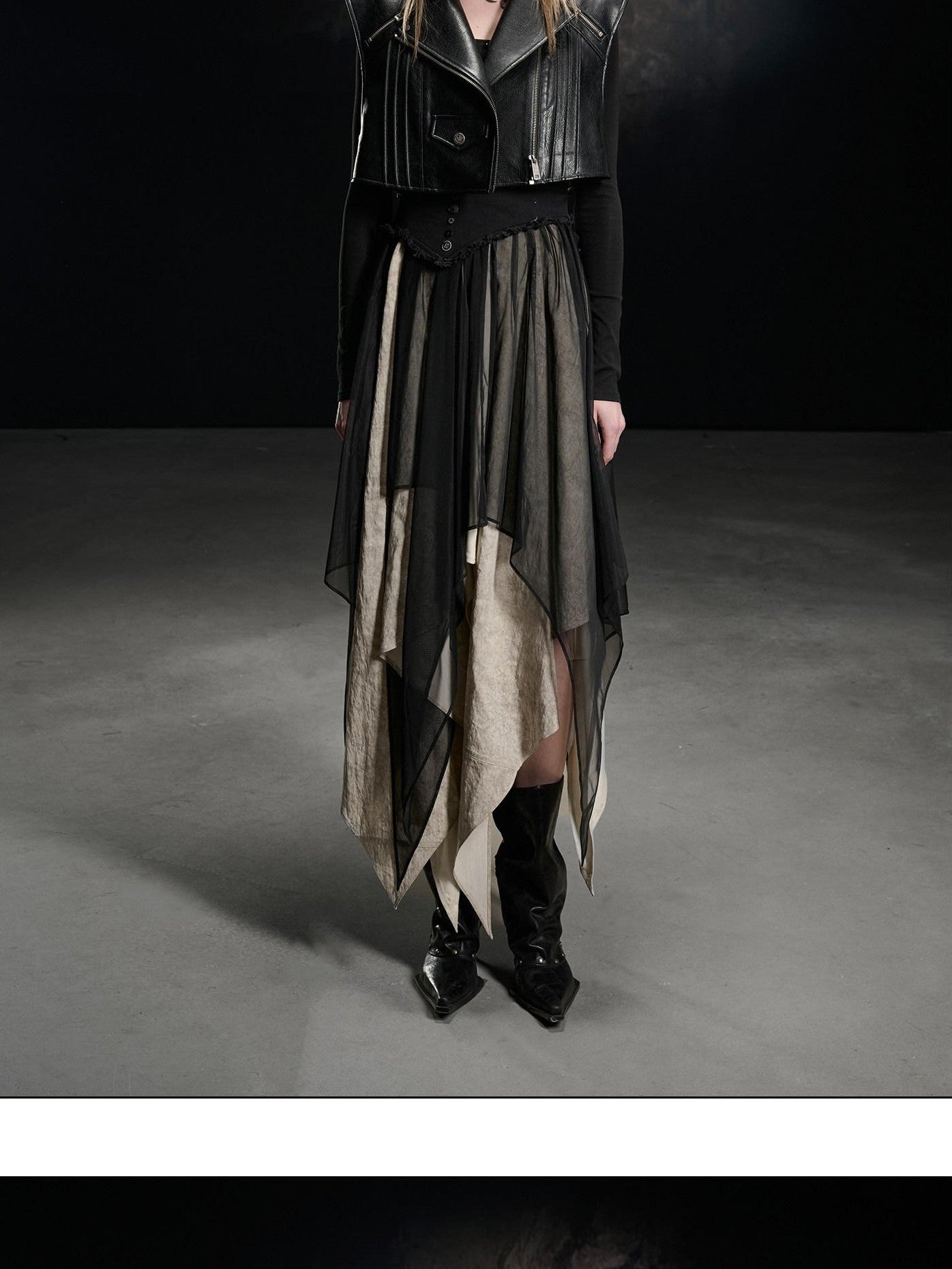 NORTH NODE Draped Neckline Mesh Panel Irregular Hem Women&