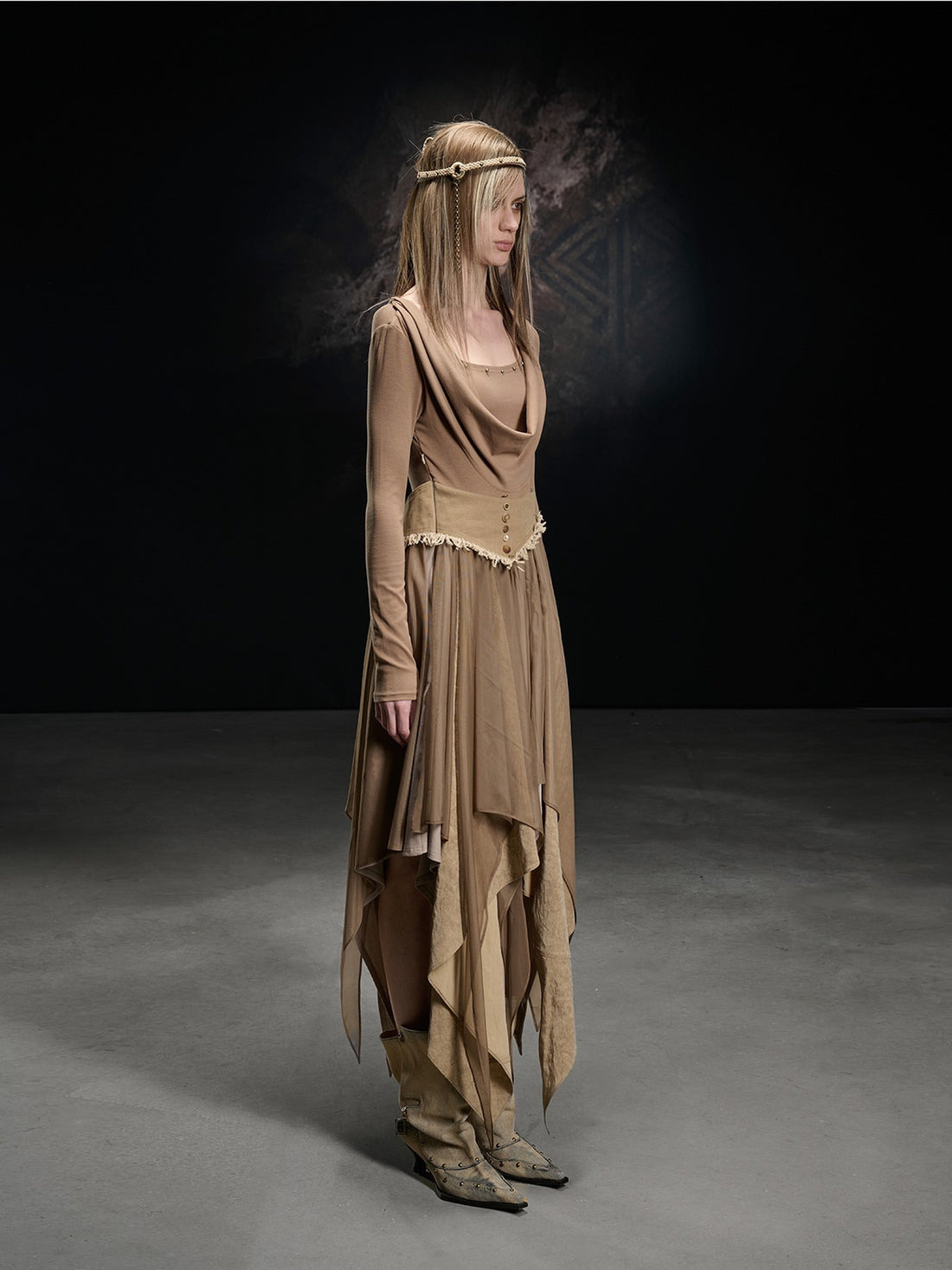 NORTH NODE Draped Neckline Mesh Panel Irregular Hem Women&