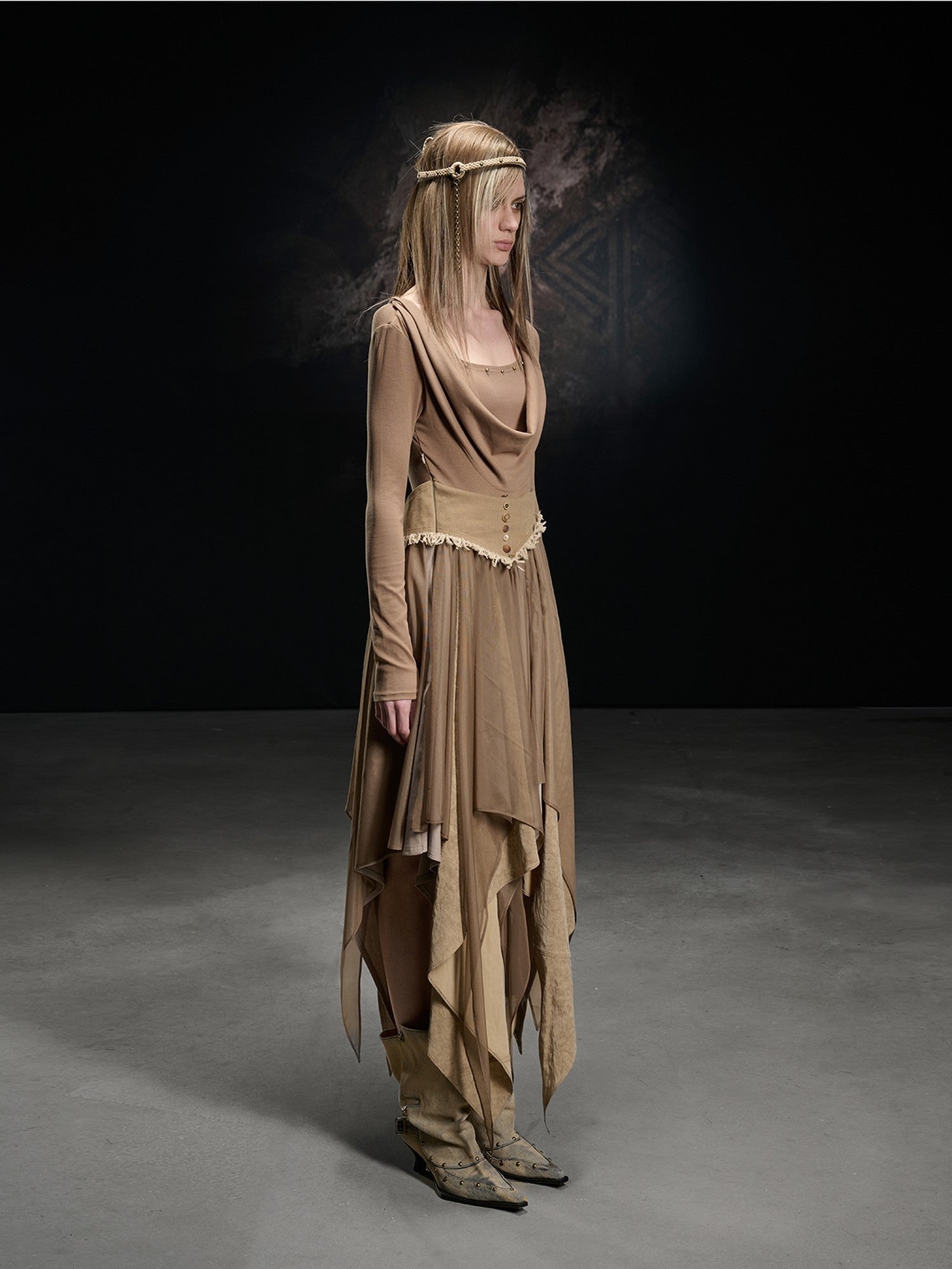 NORTH NODE Draped Neckline Mesh Panel Irregular Hem Women&