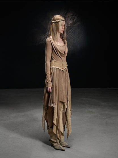 NORTH NODE Draped Neckline Mesh Panel Irregular Hem Women&