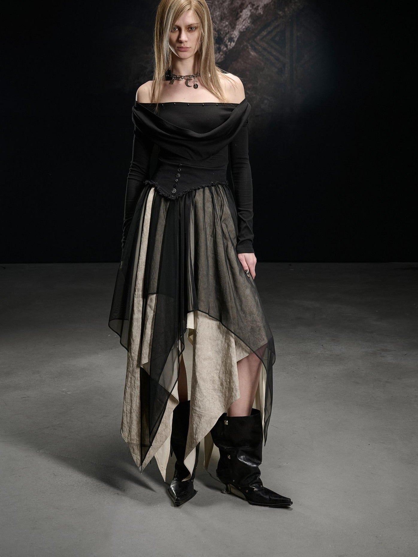 NORTH NODE Draped Neckline Mesh Panel Irregular Hem Women&