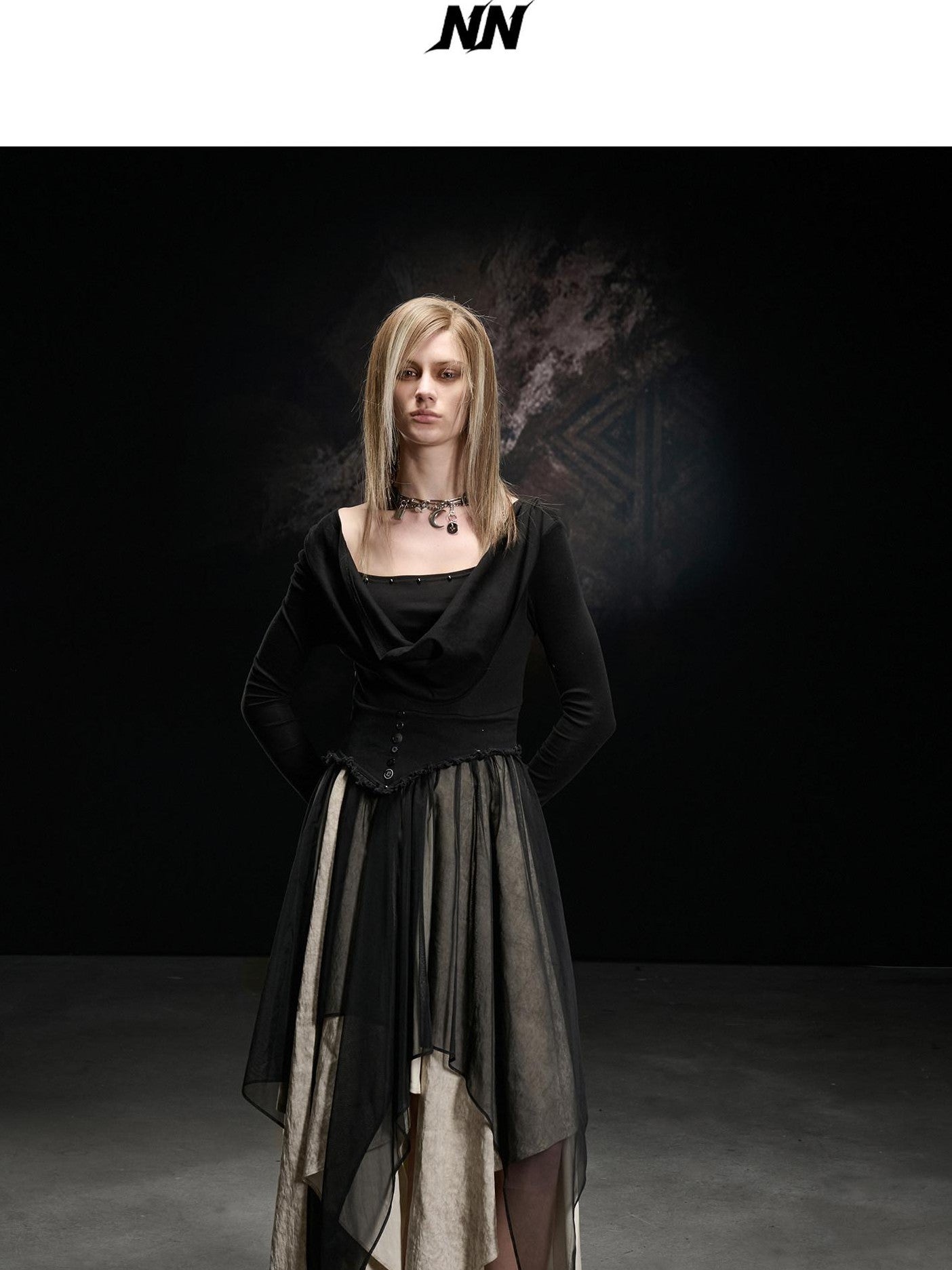 NORTH NODE Draped Neckline Mesh Panel Irregular Hem Women&