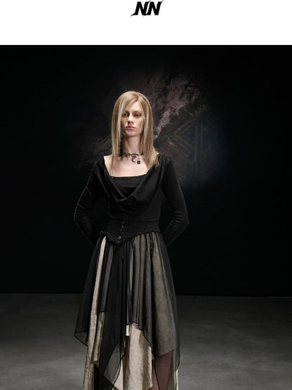 NORTH NODE Draped Neckline Mesh Panel Irregular Hem Women&