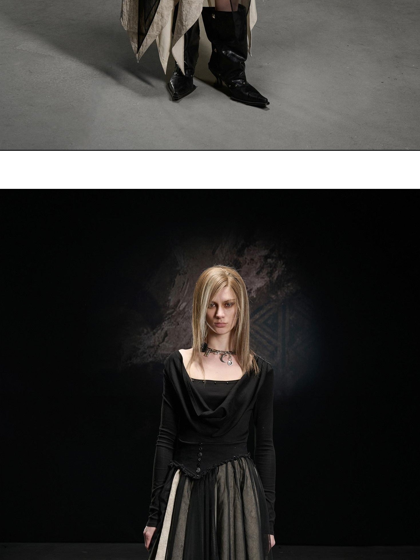 NORTH NODE Draped Neckline Mesh Panel Irregular Hem Women&