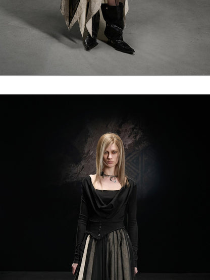 NORTH NODE Draped Neckline Mesh Panel Irregular Hem Women&