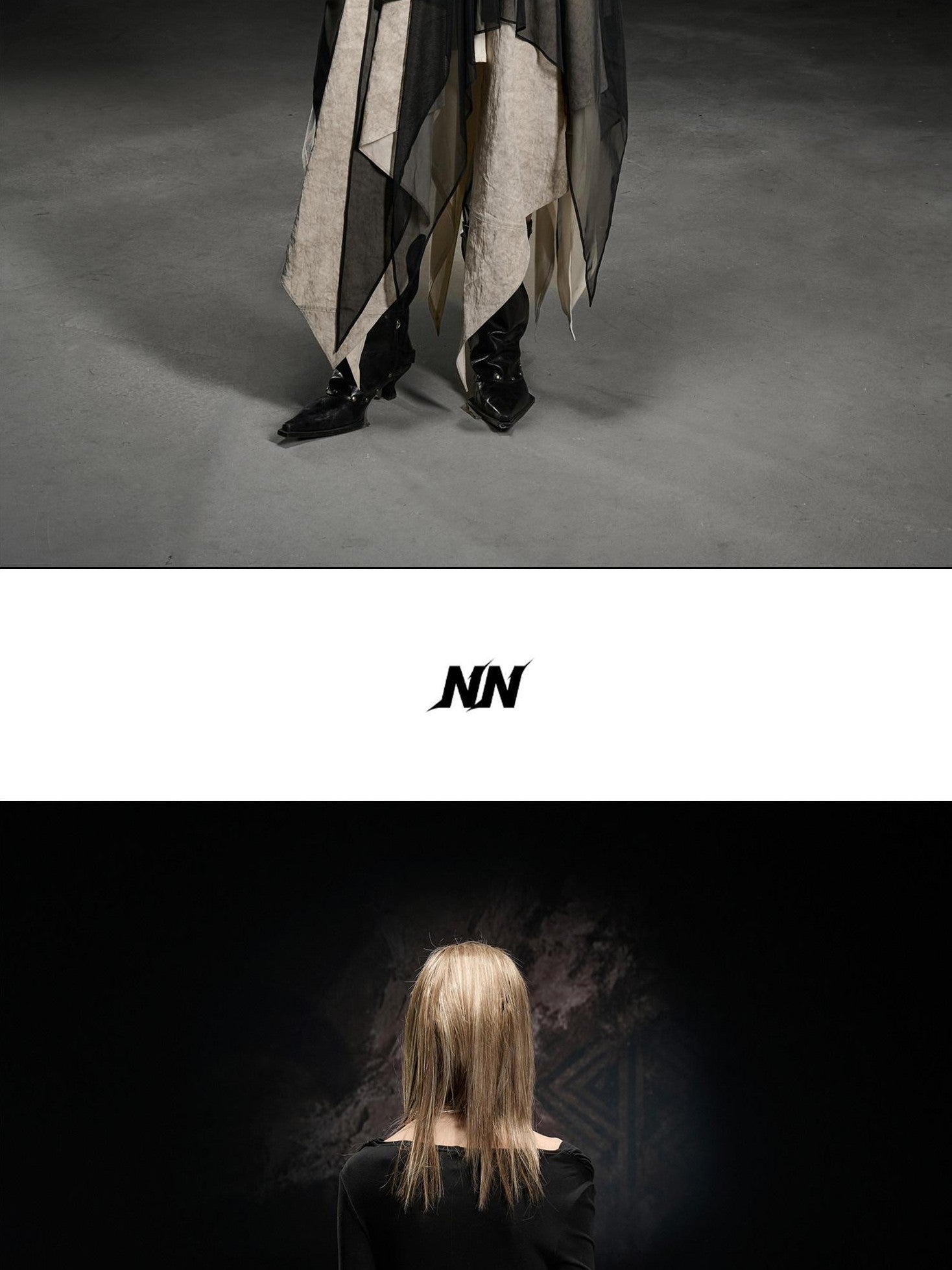 NORTH NODE Draped Neckline Mesh Panel Irregular Hem Women&