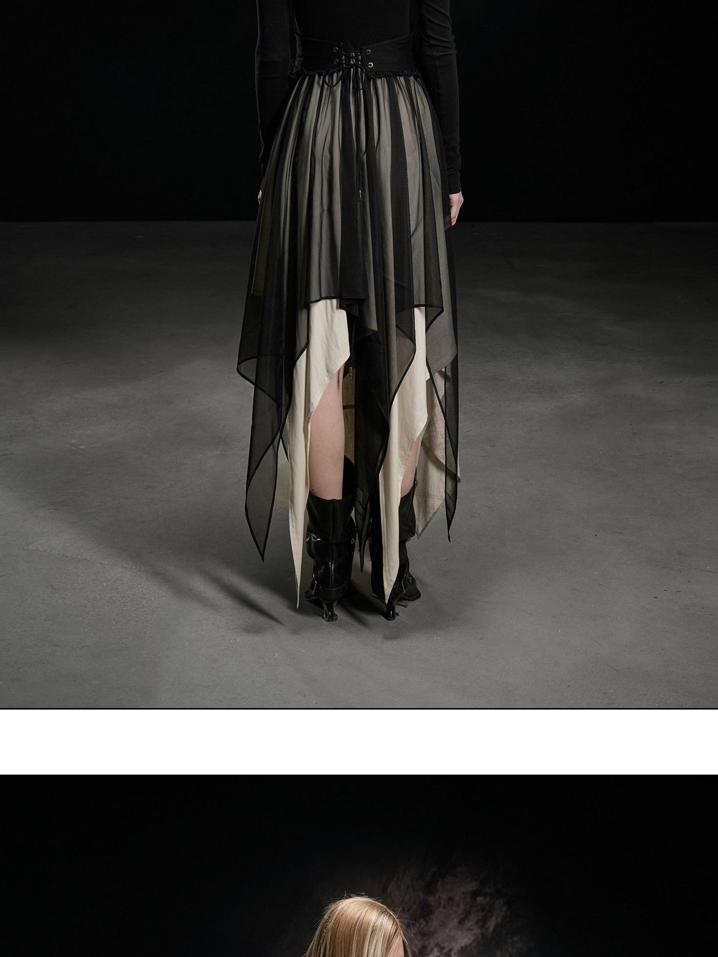 NORTH NODE Draped Neckline Mesh Panel Irregular Hem Women&